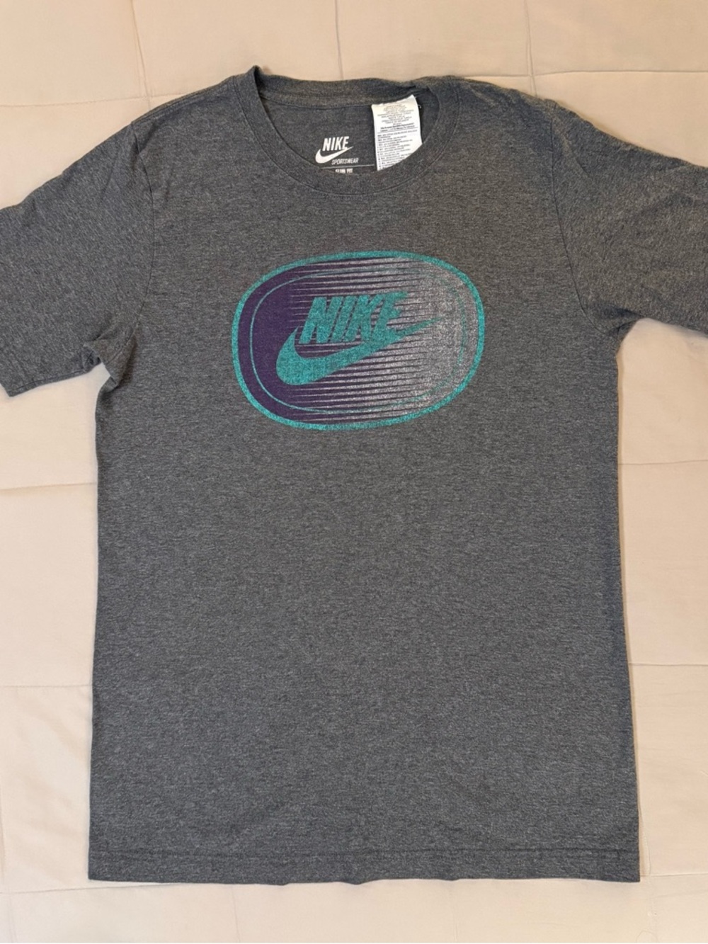 Nike Grey Tee with Teal and Purple Logo sz M